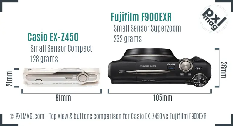 Casio EX-Z450 vs Fujifilm F900EXR top view buttons comparison