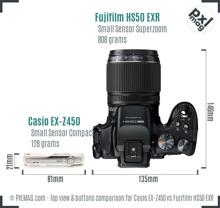 Casio EX-Z450 vs Fujifilm HS50 EXR top view buttons comparison
