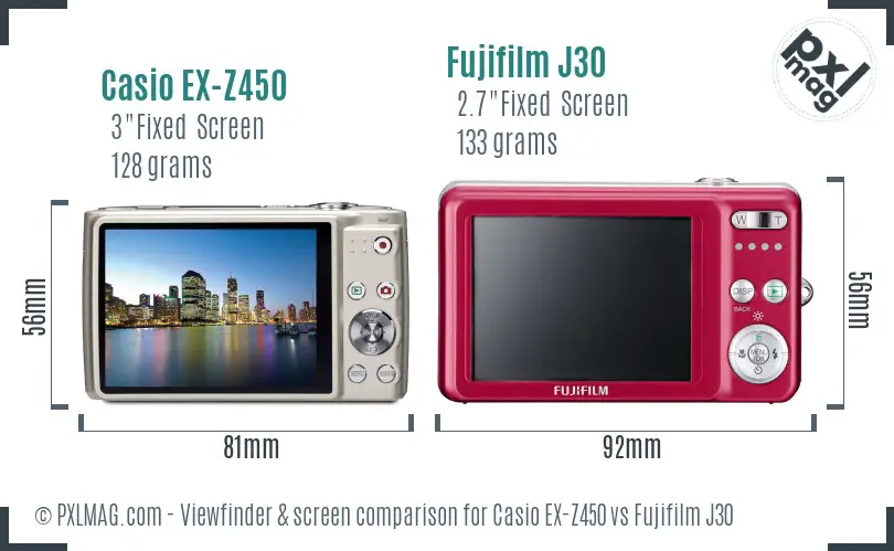 Casio EX-Z450 vs Fujifilm J30 Screen and Viewfinder comparison