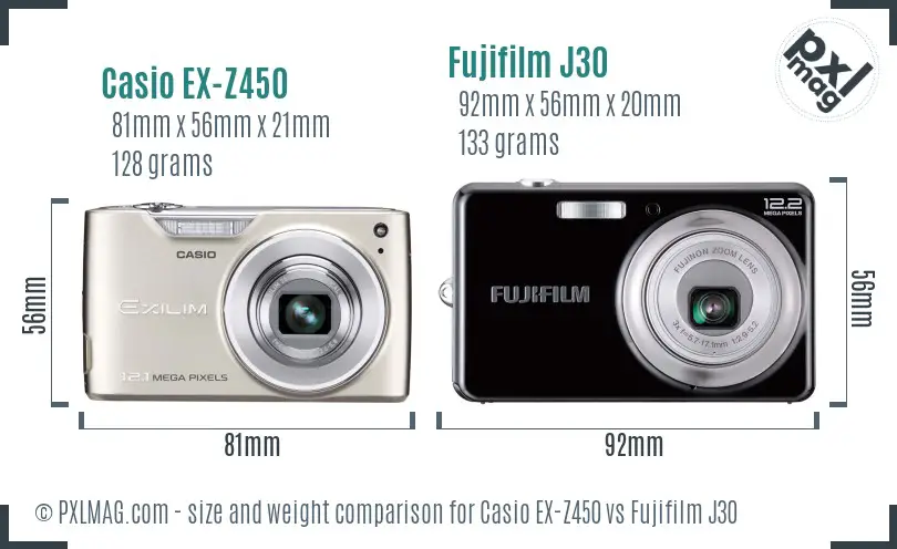 Casio EX-Z450 vs Fujifilm J30 size comparison