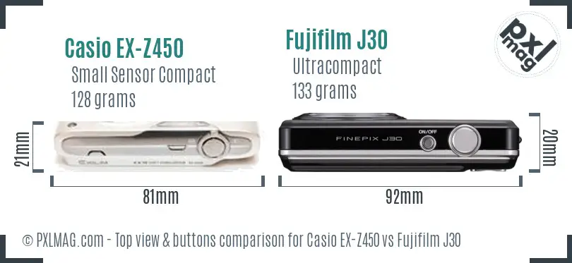 Casio EX-Z450 vs Fujifilm J30 top view buttons comparison