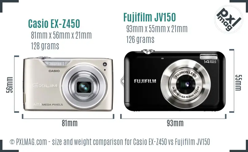 Casio EX-Z450 vs Fujifilm JV150 size comparison