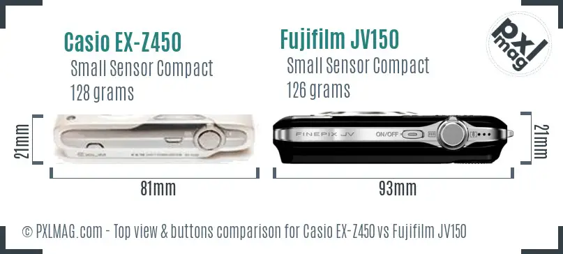 Casio EX-Z450 vs Fujifilm JV150 top view buttons comparison