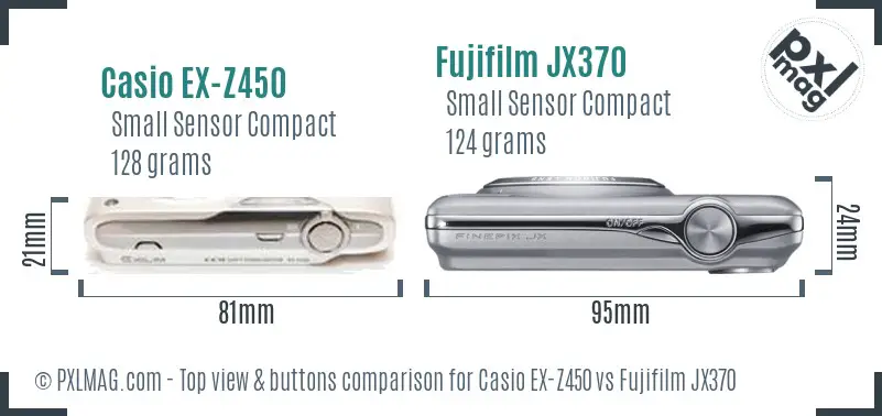 Casio EX-Z450 vs Fujifilm JX370 top view buttons comparison Casio EX-Z450 vs Fujifilm JX370 top view buttons comparison