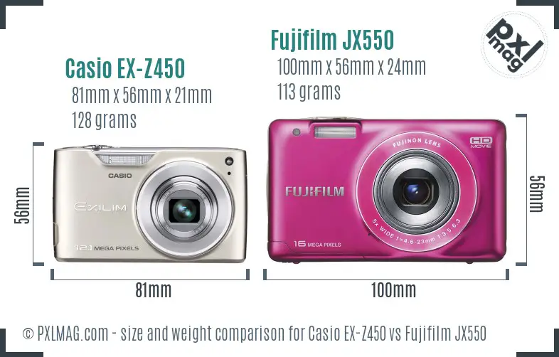 Casio EX-Z450 vs Fujifilm JX550 size comparison