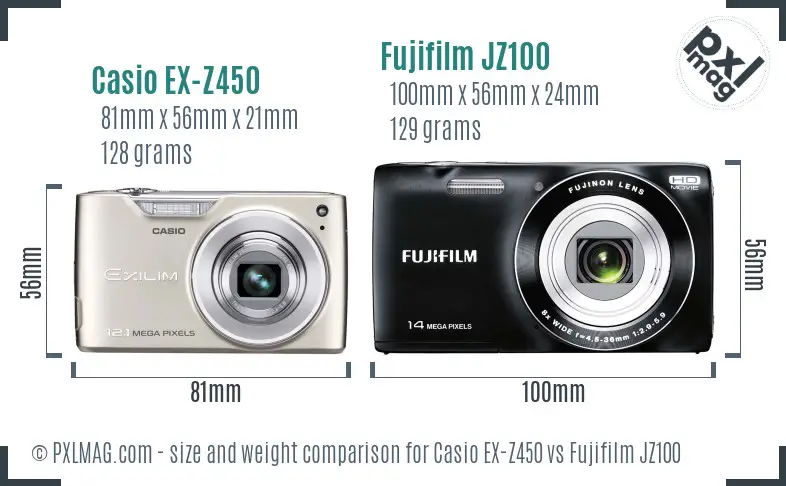 Casio EX-Z450 vs Fujifilm JZ100 size comparison
