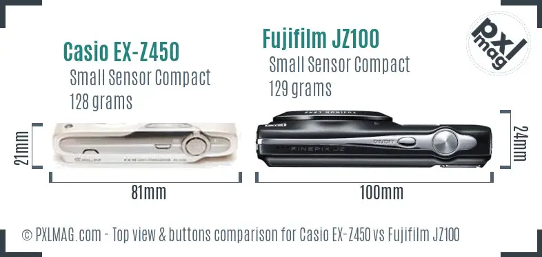 Casio EX-Z450 vs Fujifilm JZ100 top view buttons comparison