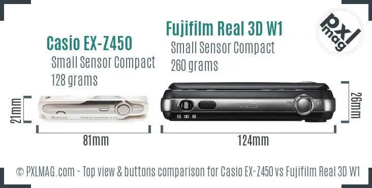 Casio EX-Z450 vs Fujifilm Real 3D W1 top view buttons comparison Casio EX-Z450 vs Fujifilm Real 3D W1 top view buttons comparison