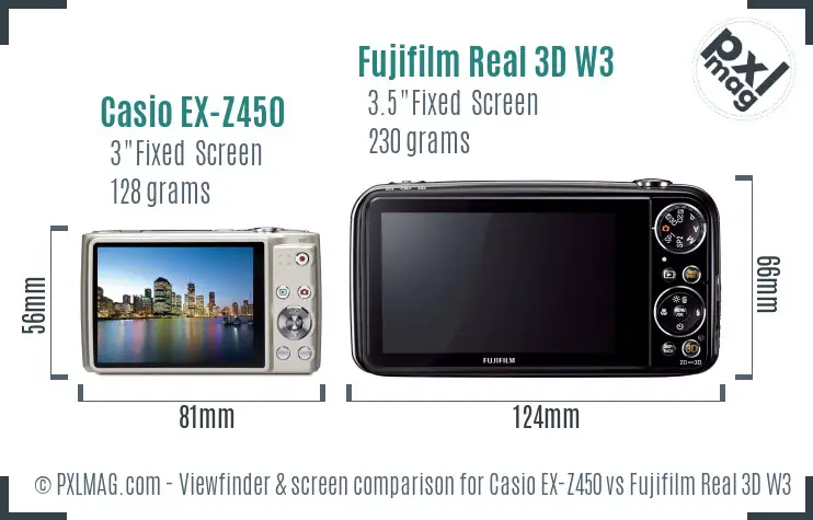 Casio EX-Z450 vs Fujifilm Real 3D W3 Screen and Viewfinder comparison