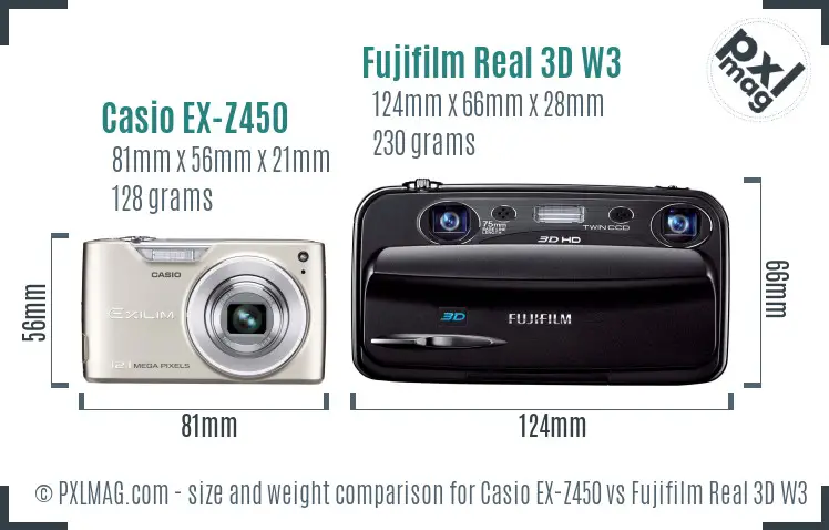 Casio EX-Z450 vs Fujifilm Real 3D W3 size comparison