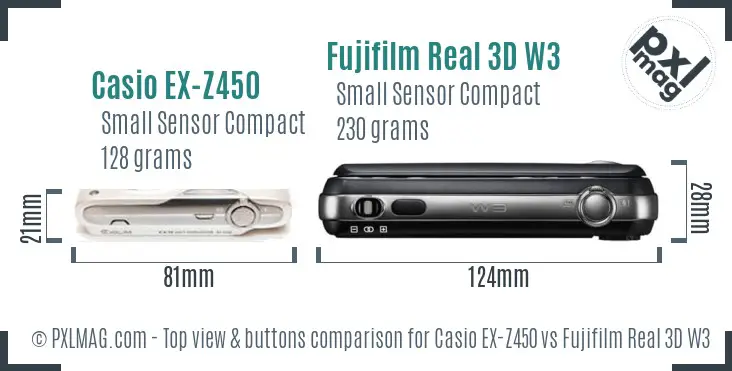 Casio EX-Z450 vs Fujifilm Real 3D W3 top view buttons comparison