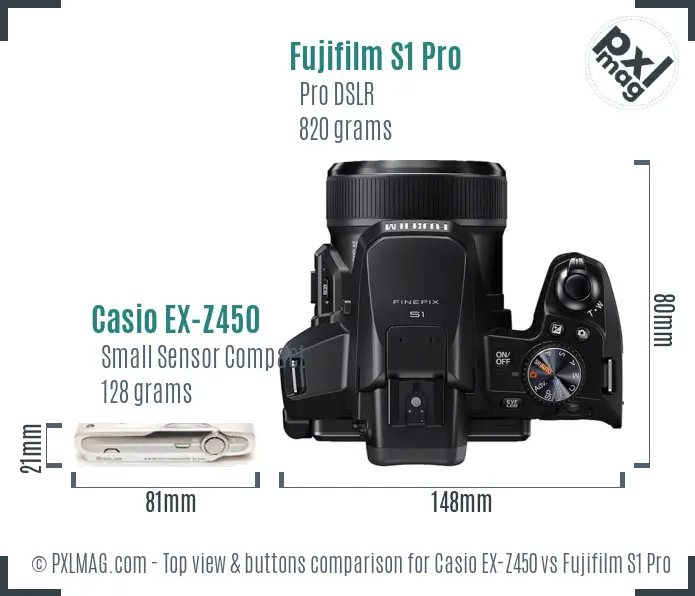 Casio EX-Z450 vs Fujifilm S1 Pro top view buttons comparison Casio EX-Z450 vs Fujifilm S1 Pro top view buttons comparison