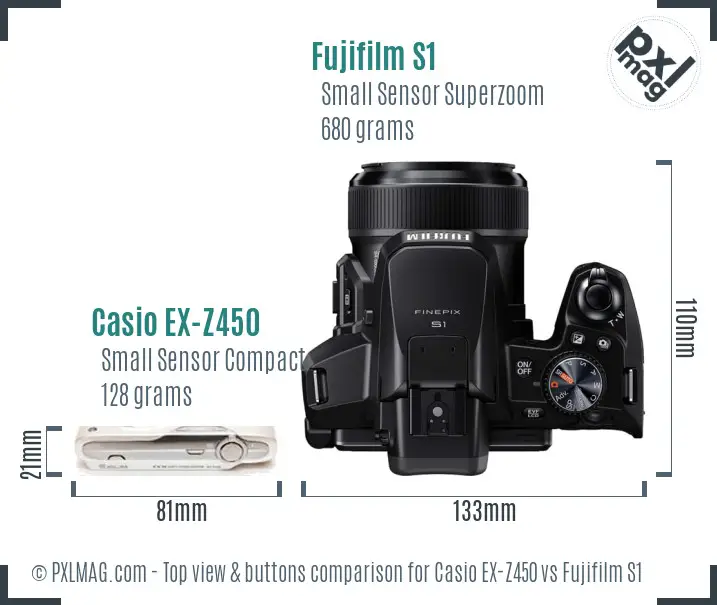 Casio EX-Z450 vs Fujifilm S1 top view buttons comparison