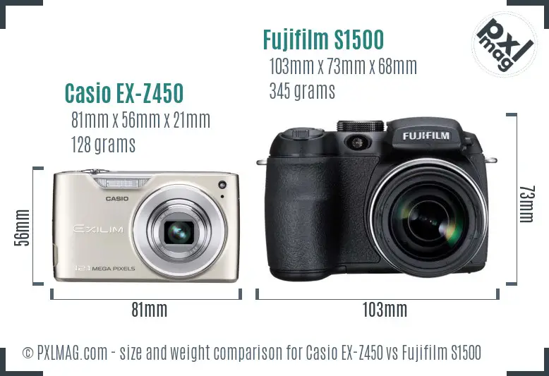 Casio EX-Z450 vs Fujifilm S1500 size comparison Casio EX-Z450 vs Fujifilm S1500 size comparison