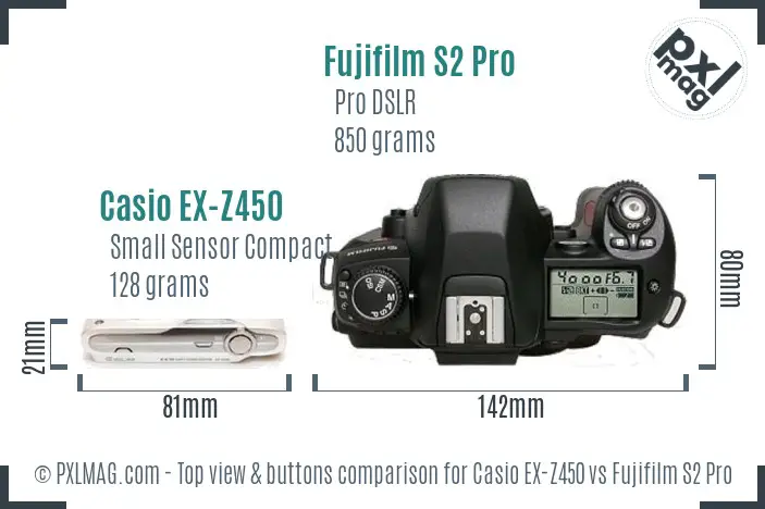 Casio EX-Z450 vs Fujifilm S2 Pro top view buttons comparison Casio EX-Z450 vs Fujifilm S2 Pro top view buttons comparison