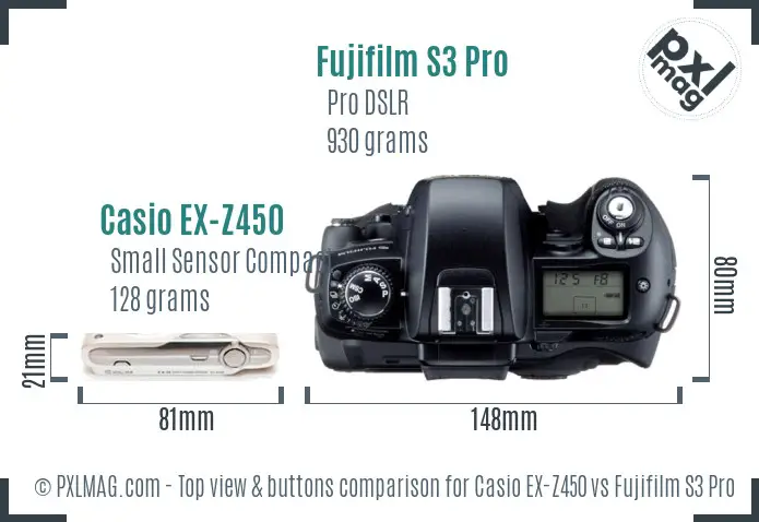 Casio EX-Z450 vs Fujifilm S3 Pro top view buttons comparison