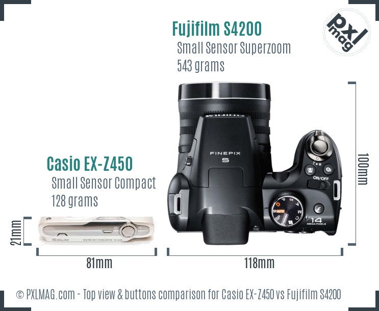 Casio EX-Z450 vs Fujifilm S4200 top view buttons comparison