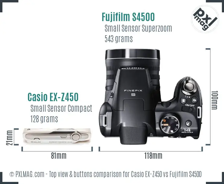 Casio EX-Z450 vs Fujifilm S4500 top view buttons comparison