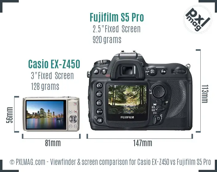 Casio EX-Z450 vs Fujifilm S5 Pro Screen and Viewfinder comparison