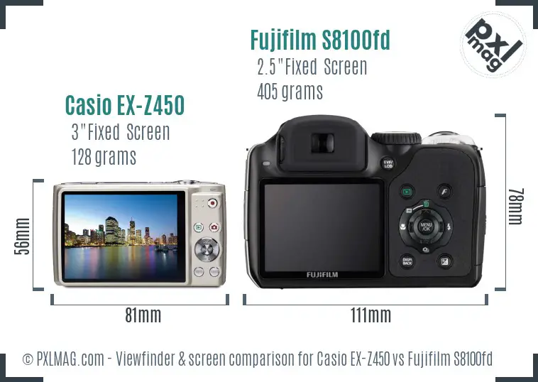 Casio EX-Z450 vs Fujifilm S8100fd Screen and Viewfinder comparison