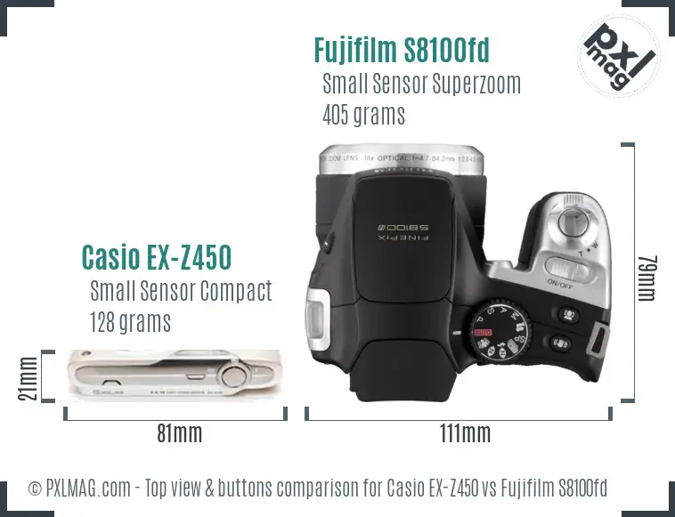 Casio EX-Z450 vs Fujifilm S8100fd top view buttons comparison