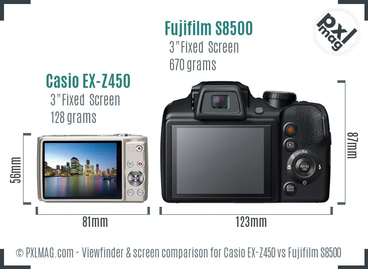 Casio EX-Z450 vs Fujifilm S8500 Screen and Viewfinder comparison