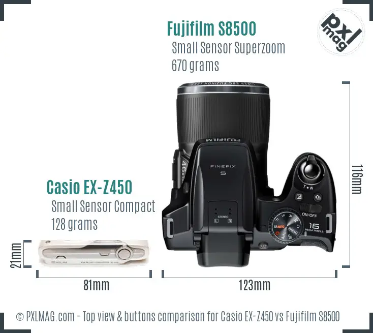 Casio EX-Z450 vs Fujifilm S8500 top view buttons comparison