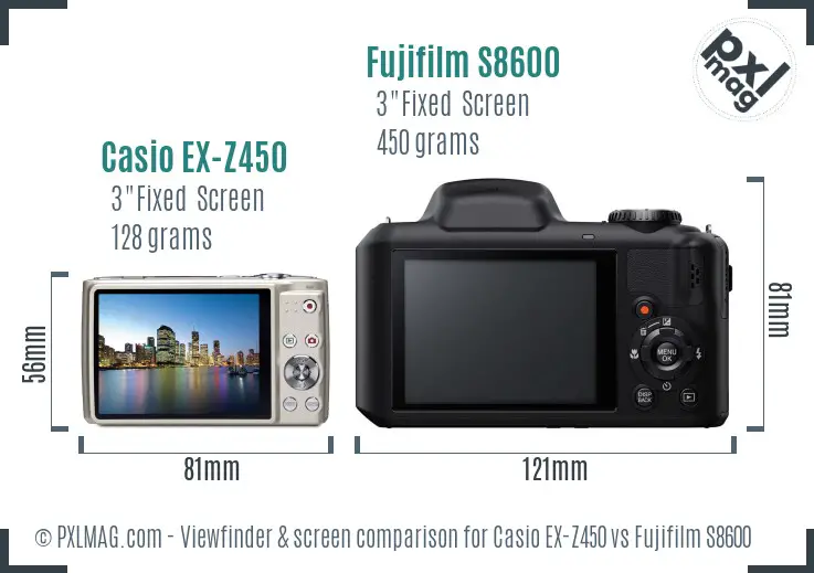 Casio EX-Z450 vs Fujifilm S8600 Screen and Viewfinder comparison