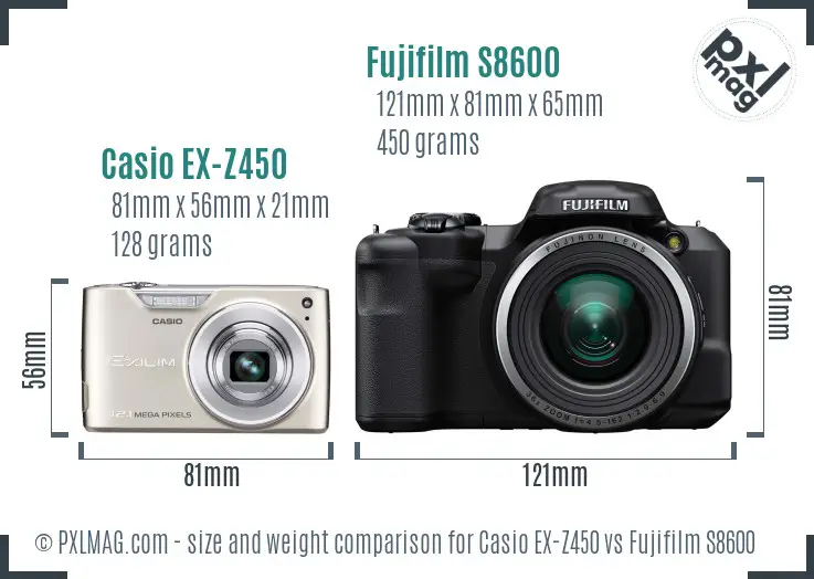 Casio EX-Z450 vs Fujifilm S8600 size comparison