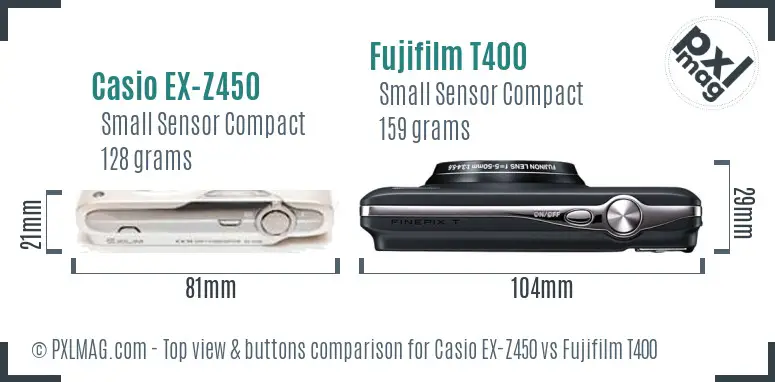 Casio EX-Z450 vs Fujifilm T400 top view buttons comparison Casio EX-Z450 vs Fujifilm T400 top view buttons comparison