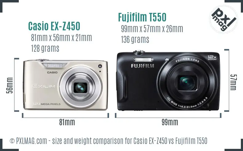 Casio EX-Z450 vs Fujifilm T550 size comparison Casio EX-Z450 vs Fujifilm T550 size comparison