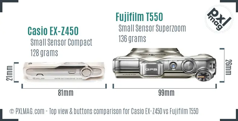 Casio EX-Z450 vs Fujifilm T550 top view buttons comparison Casio EX-Z450 vs Fujifilm T550 top view buttons comparison