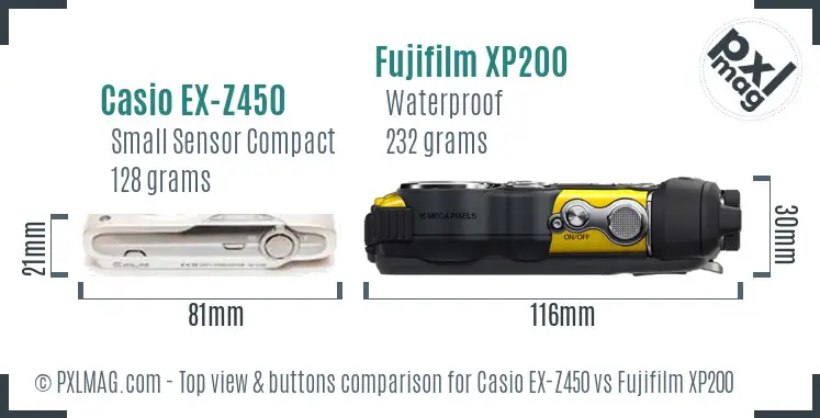 Casio EX-Z450 vs Fujifilm XP200 top view buttons comparison