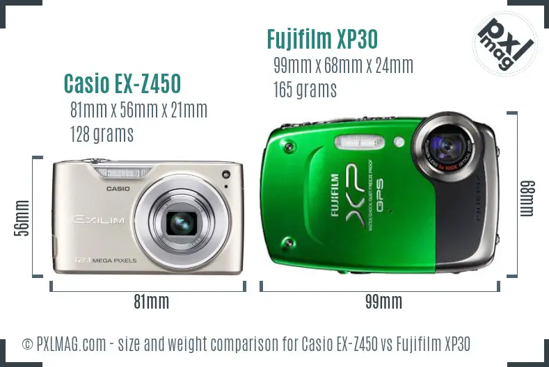 Casio EX-Z450 vs Fujifilm XP30 size comparison Casio EX-Z450 vs Fujifilm XP30 size comparison