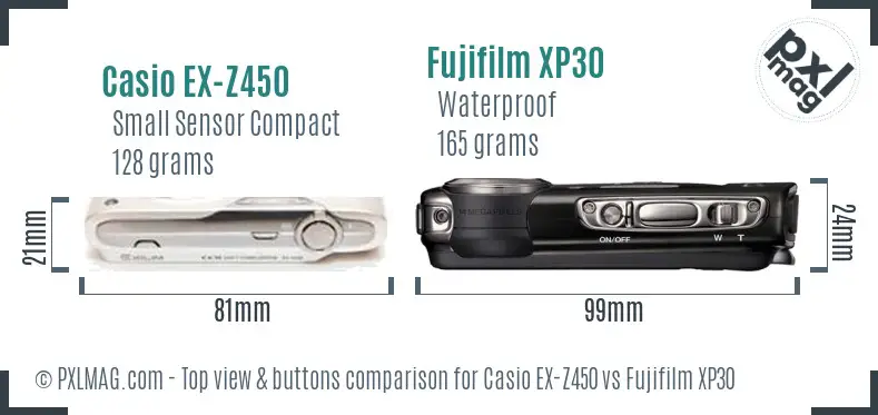 Casio EX-Z450 vs Fujifilm XP30 top view buttons comparison Casio EX-Z450 vs Fujifilm XP30 top view buttons comparison