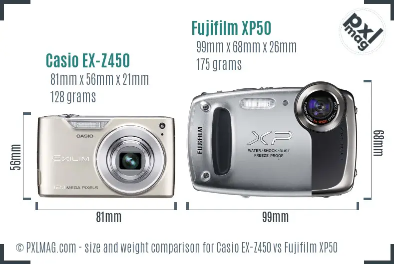 Casio EX-Z450 vs Fujifilm XP50 size comparison