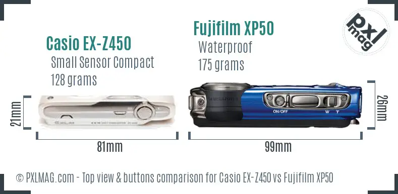 Casio EX-Z450 vs Fujifilm XP50 top view buttons comparison