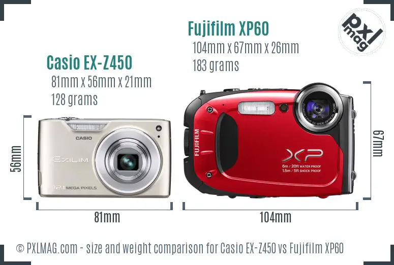 Casio EX-Z450 vs Fujifilm XP60 size comparison