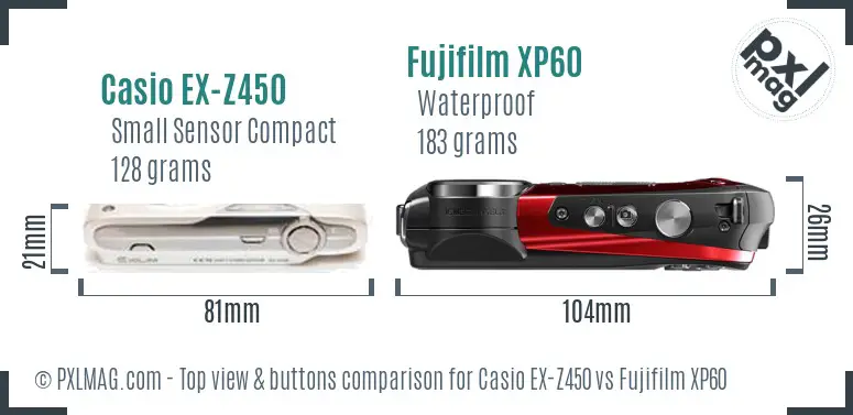 Casio EX-Z450 vs Fujifilm XP60 top view buttons comparison