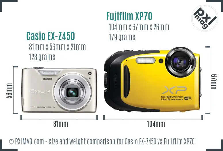 Casio EX-Z450 vs Fujifilm XP70 size comparison