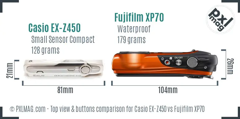 Casio EX-Z450 vs Fujifilm XP70 top view buttons comparison