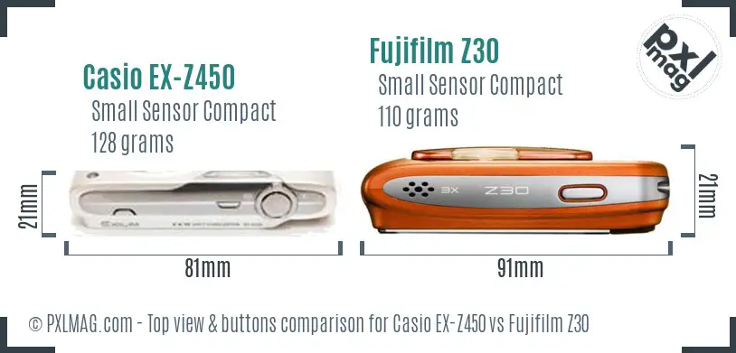 Casio EX-Z450 vs Fujifilm Z30 top view buttons comparison
