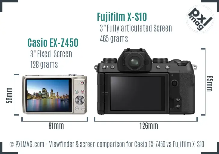 Casio EX-Z450 vs Fujifilm X-S10 Screen and Viewfinder comparison