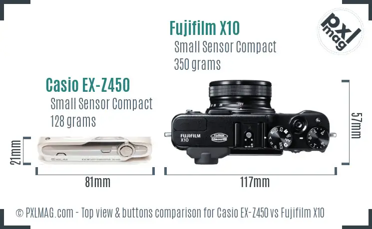 Casio EX-Z450 vs Fujifilm X10 top view buttons comparison Casio EX-Z450 vs Fujifilm X10 top view buttons comparison