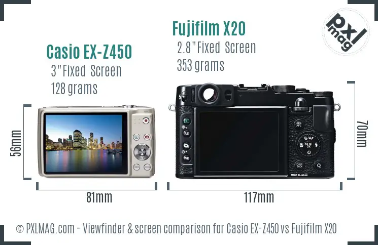 Casio EX-Z450 vs Fujifilm X20 Screen and Viewfinder comparison