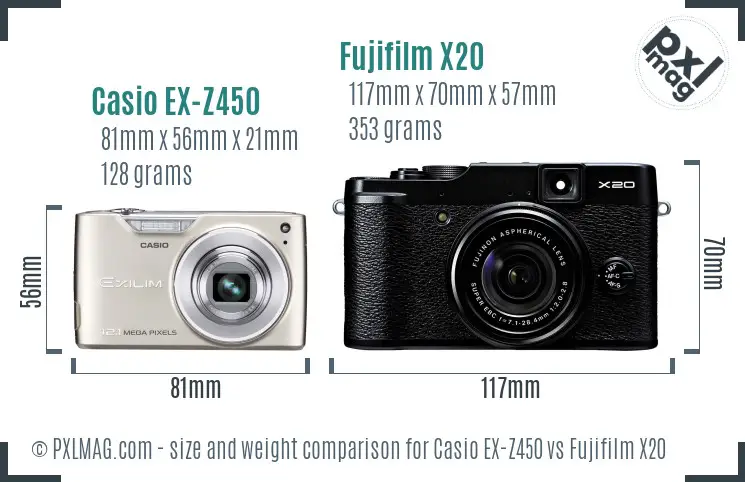 Casio EX-Z450 vs Fujifilm X20 size comparison