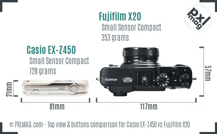 Casio EX-Z450 vs Fujifilm X20 top view buttons comparison