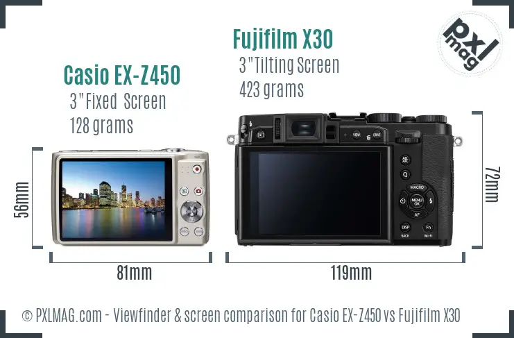 Casio EX-Z450 vs Fujifilm X30 Screen and Viewfinder comparison