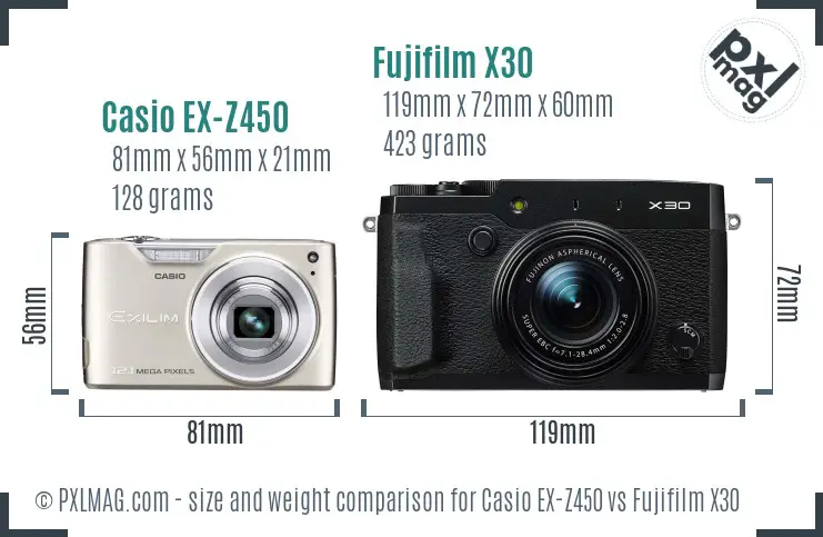 Casio EX-Z450 vs Fujifilm X30 size comparison