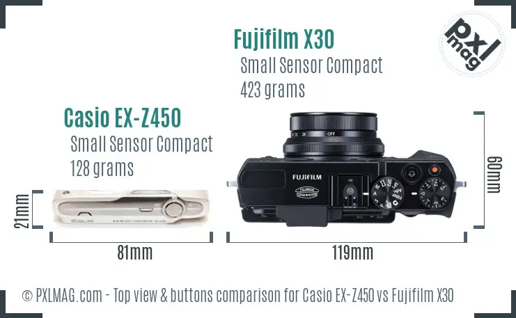 Casio EX-Z450 vs Fujifilm X30 top view buttons comparison